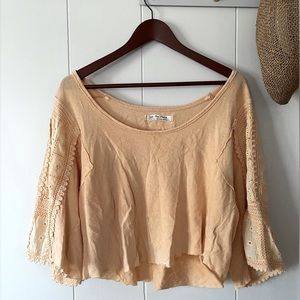 We The Free Yellow Crop W/ Crocheted Sleeves
